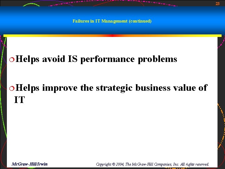 23 Failures in IT Management (continued) ¦Helps avoid IS performance problems ¦Helps improve the