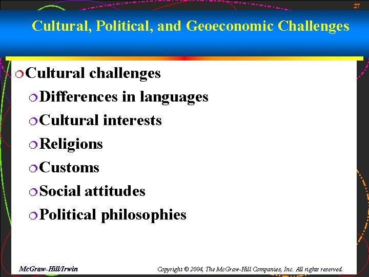 27 Cultural, Political, and Geoeconomic Challenges ¦Cultural challenges ¦Differences in languages ¦Cultural interests ¦Religions