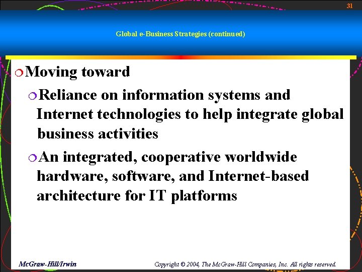 31 Global e-Business Strategies (continued) ¦Moving toward ¦Reliance on information systems and Internet technologies