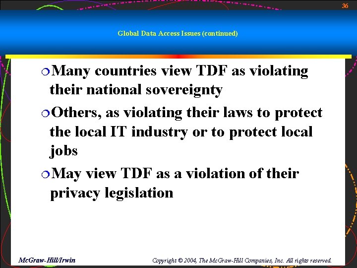 36 Global Data Access Issues (continued) ¦Many countries view TDF as violating their national
