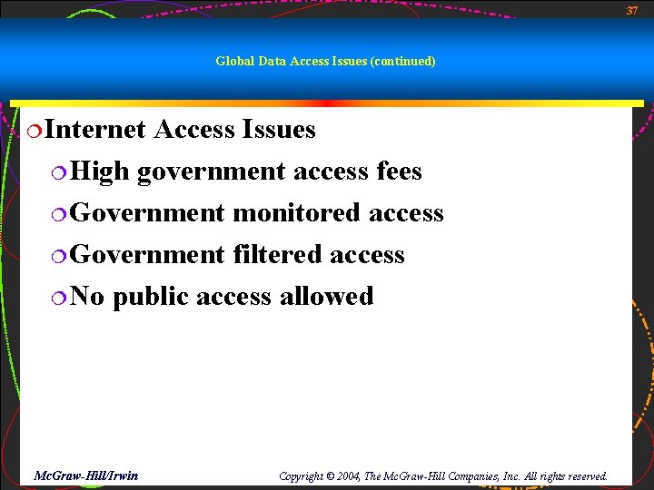 37 Global Data Access Issues (continued) ¦Internet Access Issues ¦High government access fees ¦Government