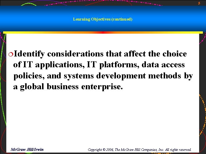 5 Learning Objectives (continued) ¦Identify considerations that affect the choice of IT applications, IT