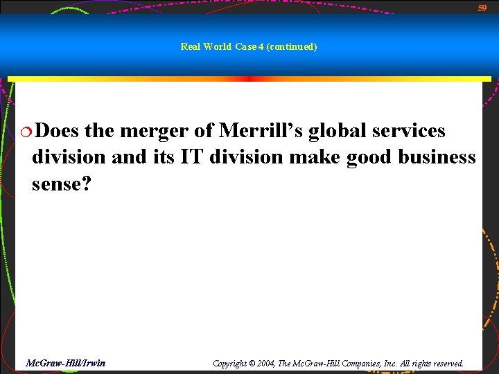 59 Real World Case 4 (continued) ¦Does the merger of Merrill’s global services division