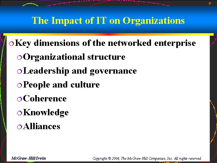 9 The Impact of IT on Organizations ¦Key dimensions of the networked enterprise ¦Organizational