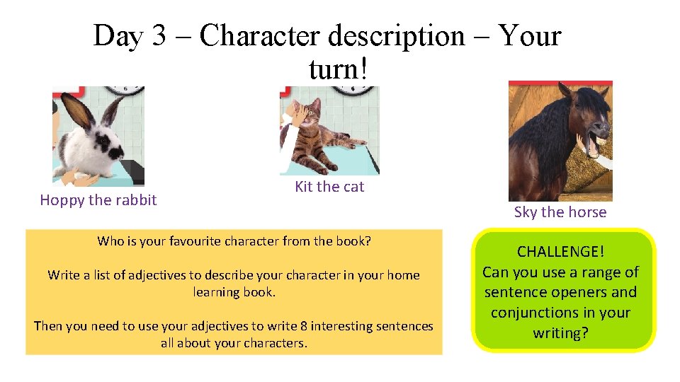 Day 3 – Character description – Your turn! Hoppy the rabbit Kit the cat