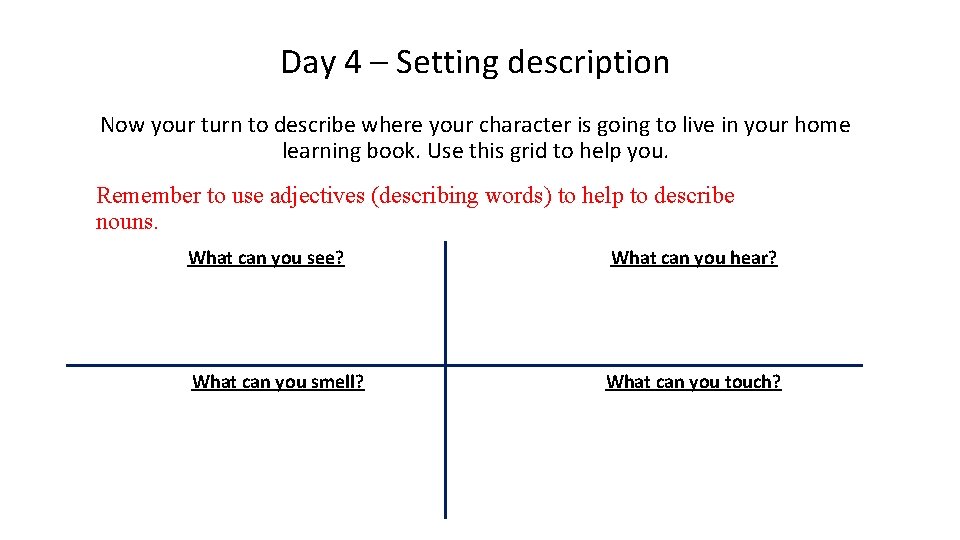 Day 4 – Setting description Now your turn to describe where your character is