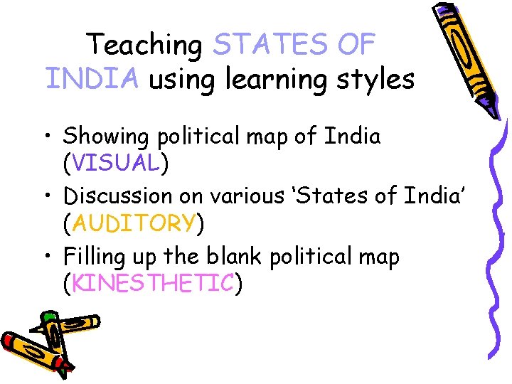 Teaching STATES OF INDIA using learning styles • Showing political map of India (VISUAL)