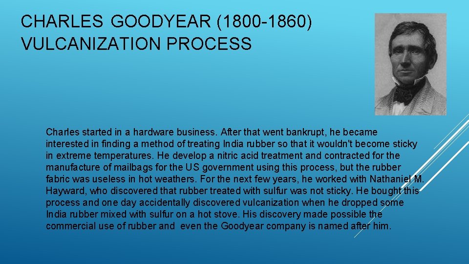 CHARLES GOODYEAR (1800 -1860) VULCANIZATION PROCESS Charles started in a hardware business. After that
