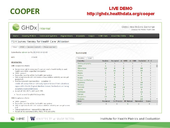 COOPER LIVE DEMO http: //ghdx. healthdata. org/cooper 