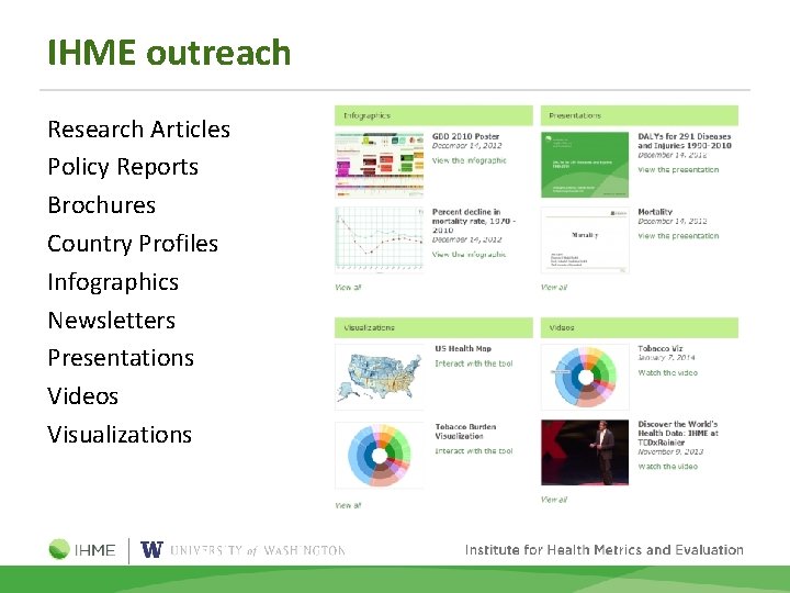 IHME outreach Research Articles Policy Reports Brochures Country Profiles Infographics Newsletters Presentations Videos Visualizations