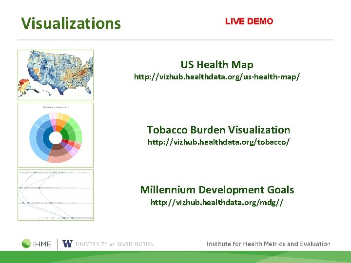 Visualizations LIVE DEMO US Health Map http: //vizhub. healthdata. org/us-health-map/ Tobacco Burden Visualization http: