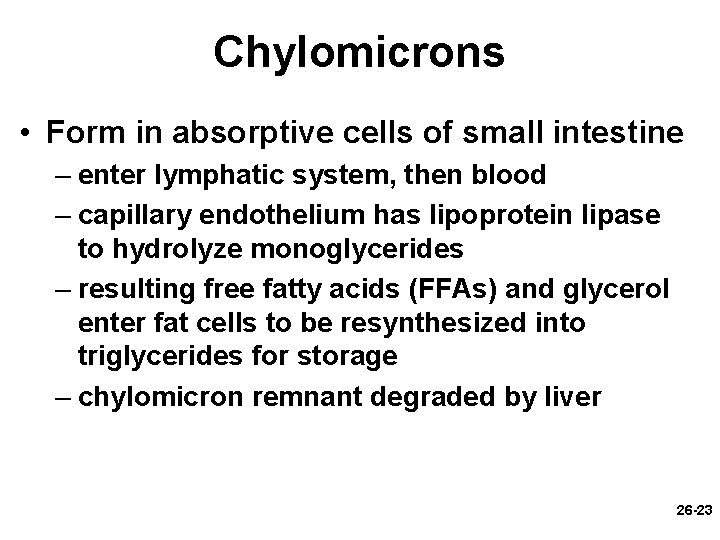 Chylomicrons • Form in absorptive cells of small intestine – enter lymphatic system, then