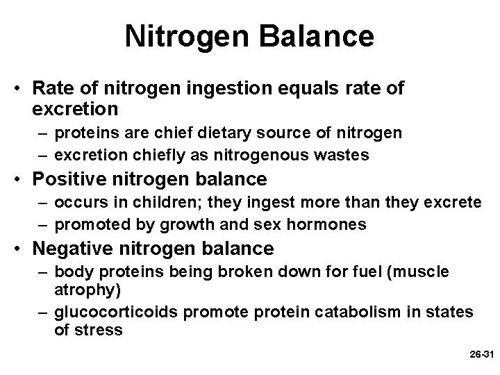 Nitrogen Balance • Rate of nitrogen ingestion equals rate of excretion – proteins are