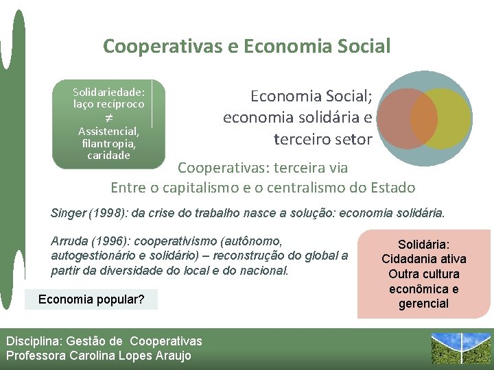 Cooperativas e Economia Social Solidariedade: laço recíproco ≠ Assistencial, filantropia, caridade Economia Social; economia