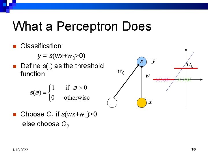 What a Perceptron Does n n Classification: y = s(wx+w 0>0) Define s(. )