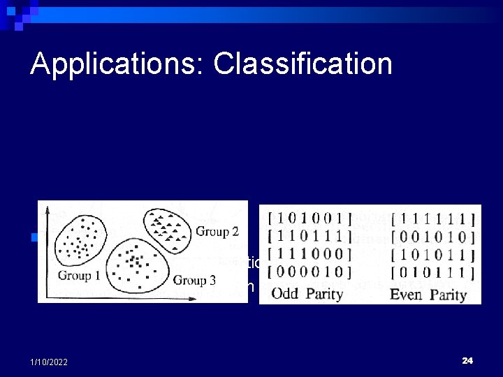 Applications: Classification n Classification: ¨ Unsupervised classification (clustering) ¨ Supervised classification 1/10/2022 24 