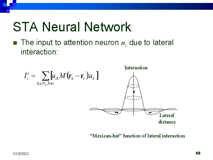 STA Neural Network n The input to attention neuron ni due to lateral interaction: