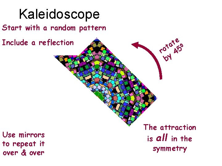 Kaleidoscope Start with a random pattern Include a reflection Use mirrors to repeat it