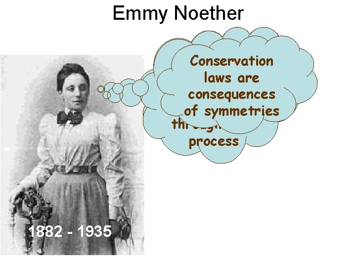 Emmy Noether Conserved Symmetry: Conservation quantities: something laws are stayconsequences the same that stays