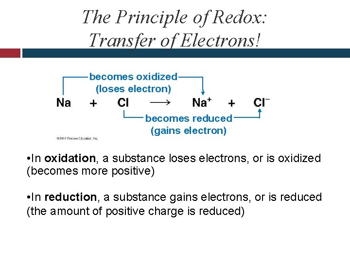 The Principle of Redox: Transfer of Electrons! becomes oxidized (loses electron) becomes reduced (gains
