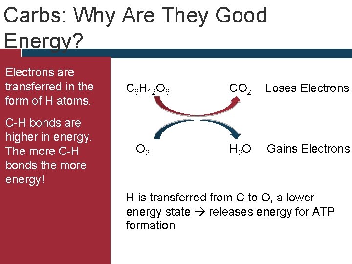 Carbs: Why Are They Good Energy? Electrons are transferred in the form of H