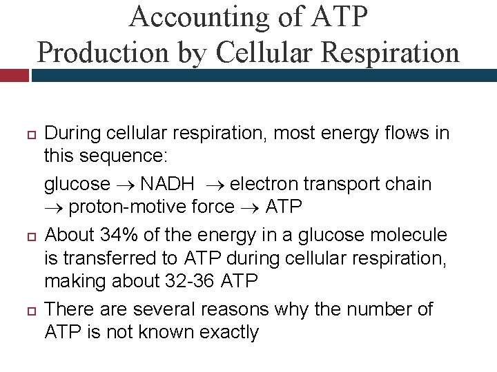 Accounting of ATP Production by Cellular Respiration During cellular respiration, most energy flows in