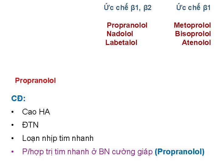 Ức chế β 1, β 2 Ức chế β 1 Propranolol Nadolol Labetalol Metoprolol
