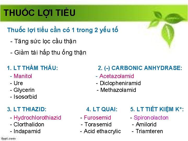 THUỐC LỢI TIỂU Thuốc lợi tiểu cần có 1 trong 2 yếu tố -