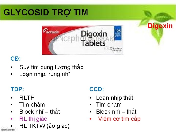 GLYCOSID TRỢ TIM Digoxin CĐ: • Suy tim cung lượng thấp • Loạn nhịp: