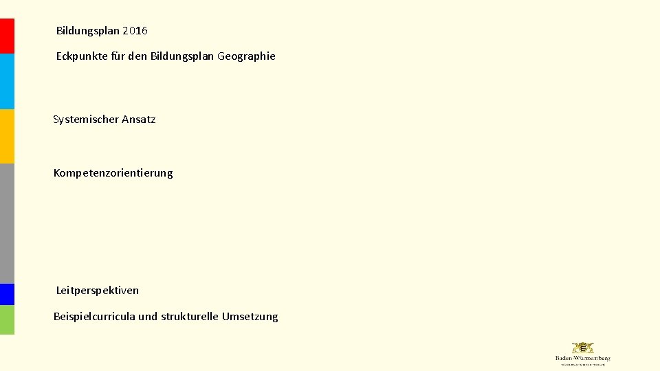 Bildungsplan 2016 Eckpunkte für den Bildungsplan Geographie Systemischer Ansatz Kompetenzorientierung Leitperspektiven Beispielcurricula und strukturelle