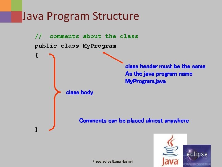 Java Program Structure // comments about the class public class My. Program { class