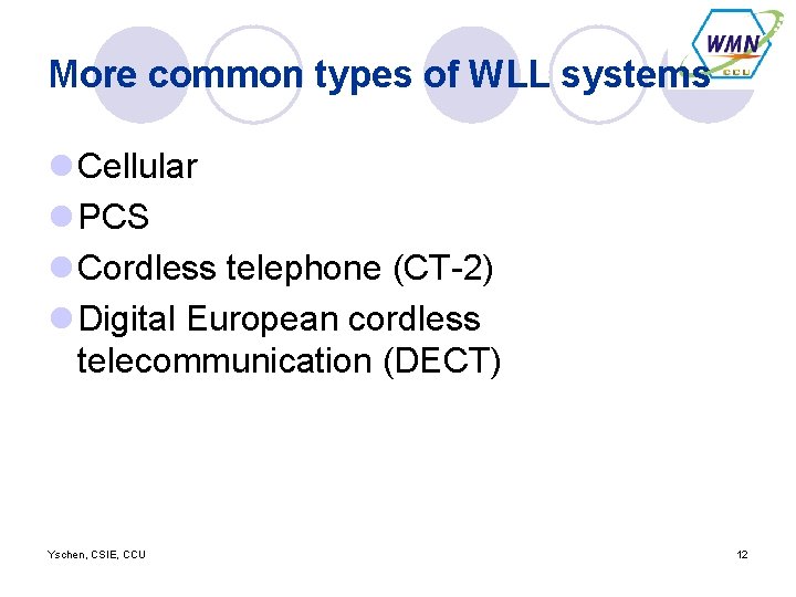 More common types of WLL systems l Cellular l PCS l Cordless telephone (CT-2)