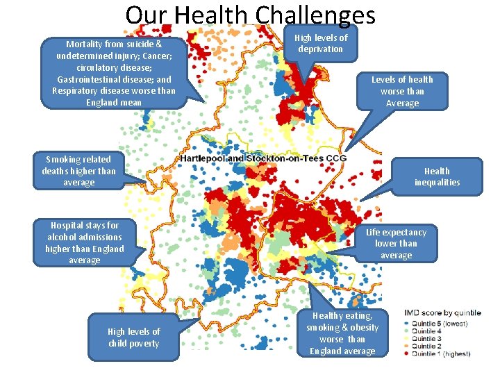 Our Health Challenges Mortality from suicide & undetermined injury; Cancer; circulatory disease; Gastrointestinal disease;