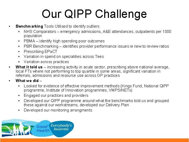 Our QIPP Challenge • • • Benchmarking Tools Utilised to identify outliers • NHS