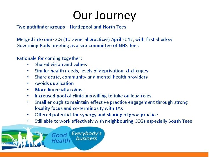 Our Journey Two pathfinder groups – Hartlepool and North Tees Merged into one CCG