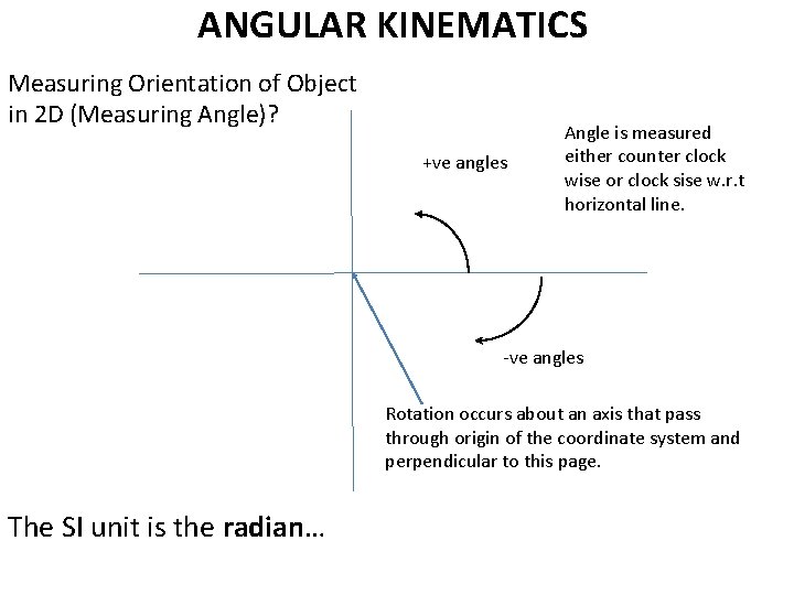 ANGULAR KINEMATICS Measuring Orientation of Object in 2 D (Measuring Angle)? +ve angles Angle