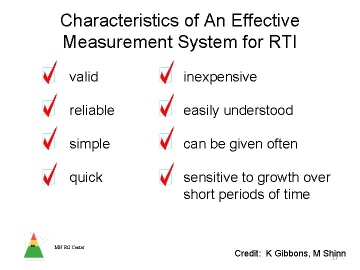 Characteristics of An Effective Measurement System for RTI valid inexpensive reliable easily understood simple