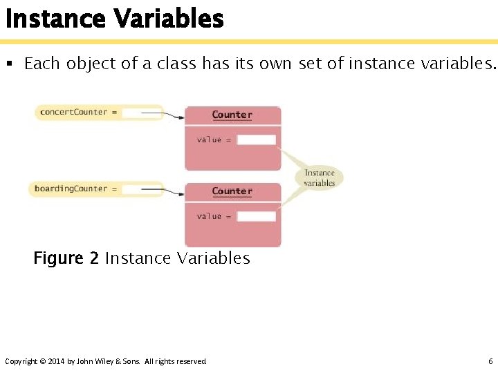 Instance Variables § Each object of a class has its own set of instance