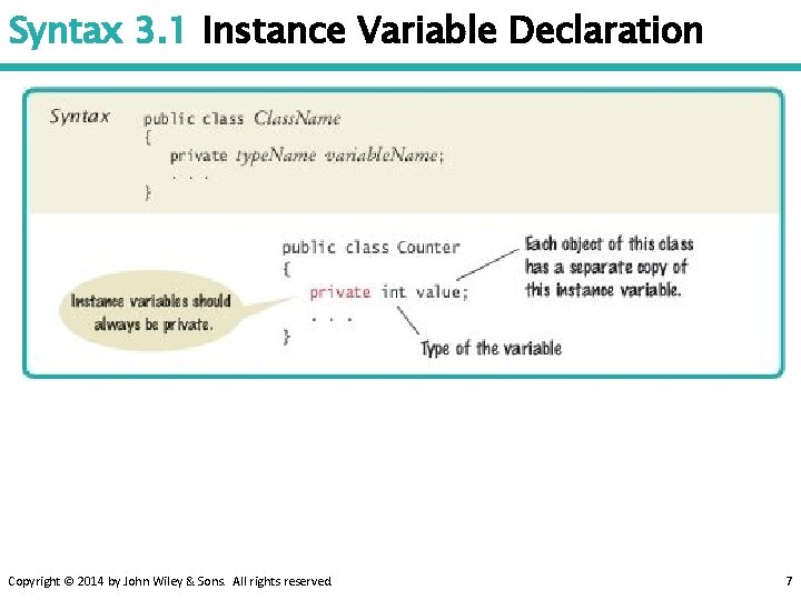 Syntax 3. 1 Instance Variable Declaration Copyright © 2014 by John Wiley & Sons.