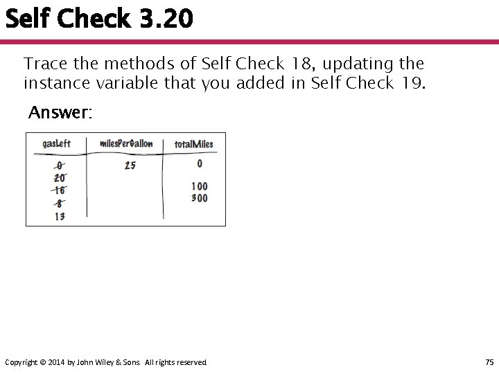 Self Check 3. 20 Trace the methods of Self Check 18, updating the instance