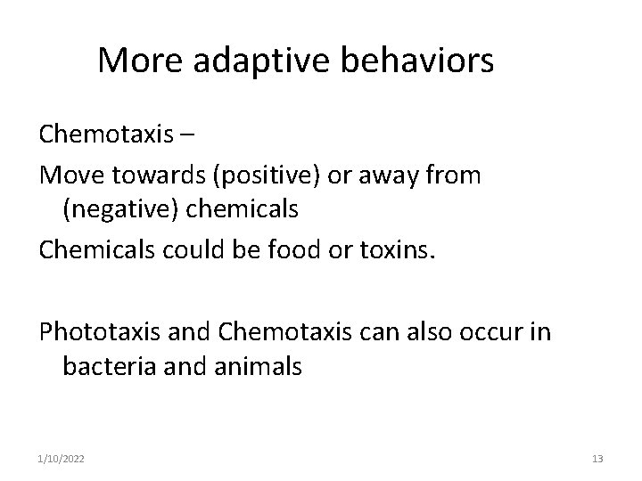 More adaptive behaviors Chemotaxis – Move towards (positive) or away from (negative) chemicals Chemicals