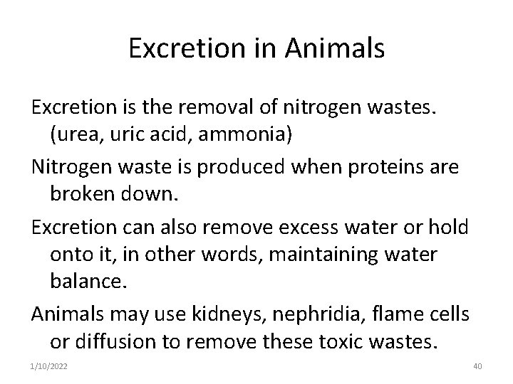 Excretion in Animals Excretion is the removal of nitrogen wastes. (urea, uric acid, ammonia)