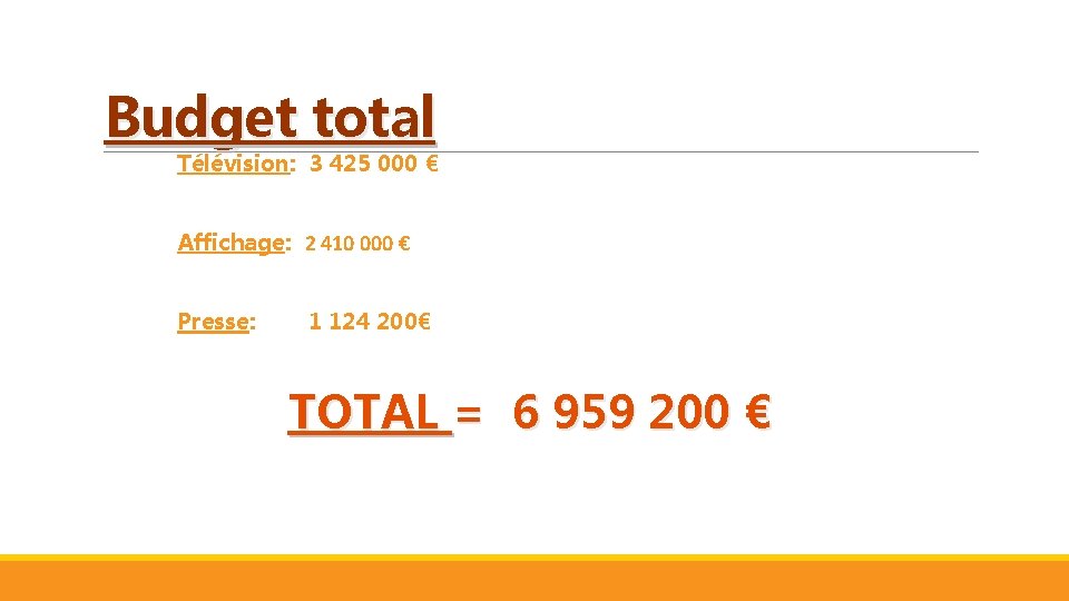 Budget total Télévision: 3 425 000 € Affichage: 2 410 000 € Presse: 1