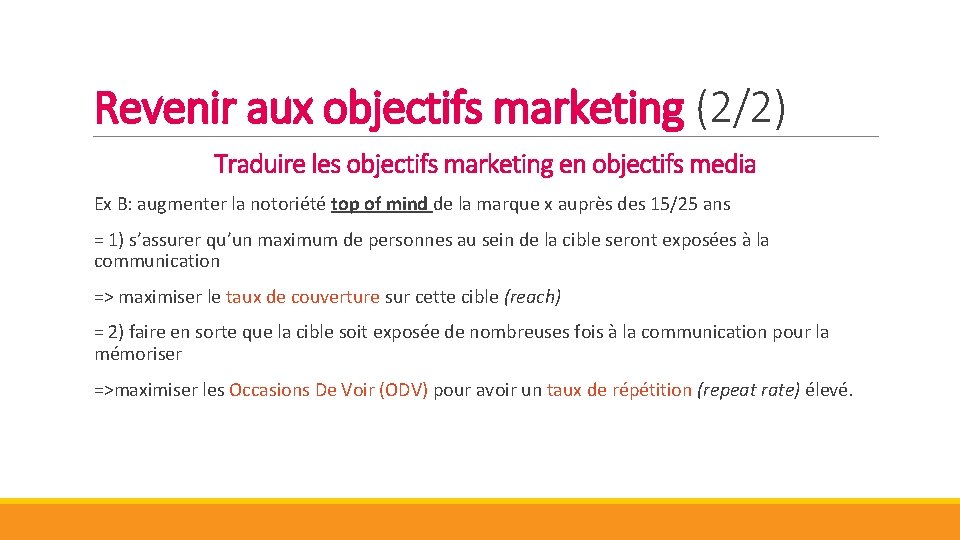 Revenir aux objectifs marketing (2/2) Traduire les objectifs marketing en objectifs media Ex B: