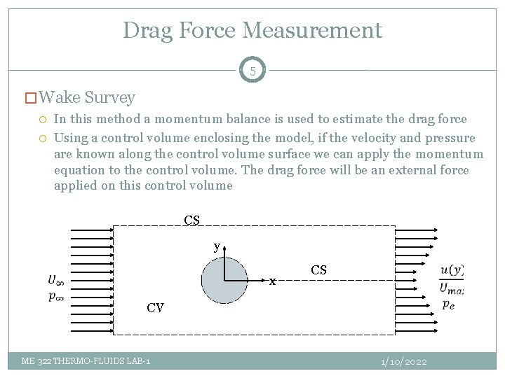 Drag Force Measurement 5 � Wake Survey In this method a momentum balance is