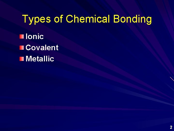 Types of Chemical Bonding Ionic Covalent Metallic 2 