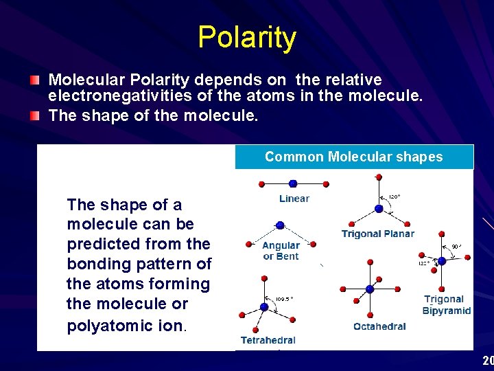 Polarity Molecular Polarity depends on the relative electronegativities of the atoms in the molecule.
