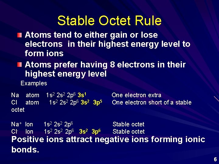 Stable Octet Rule Atoms tend to either gain or lose electrons in their highest