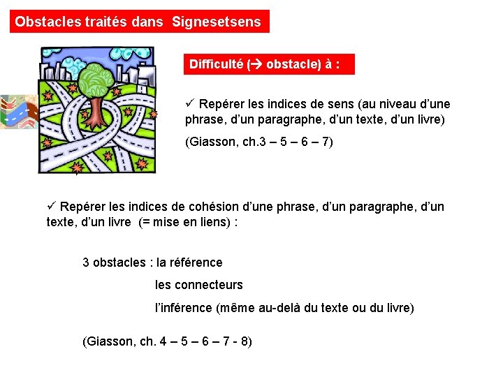 Obstacles traités dans Signesetsens Difficulté ( obstacle) à : ü Repérer les indices de