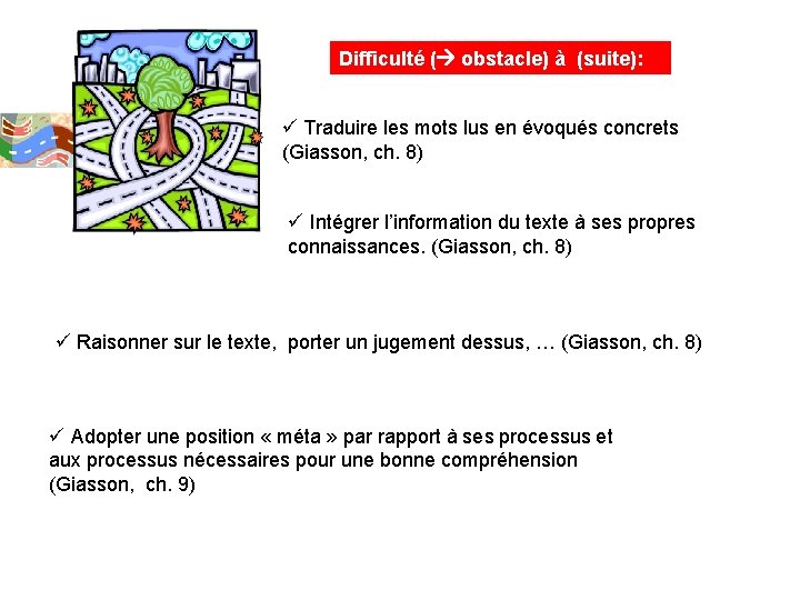 Difficulté ( obstacle) à (suite): ü Traduire les mots lus en évoqués concrets (Giasson,